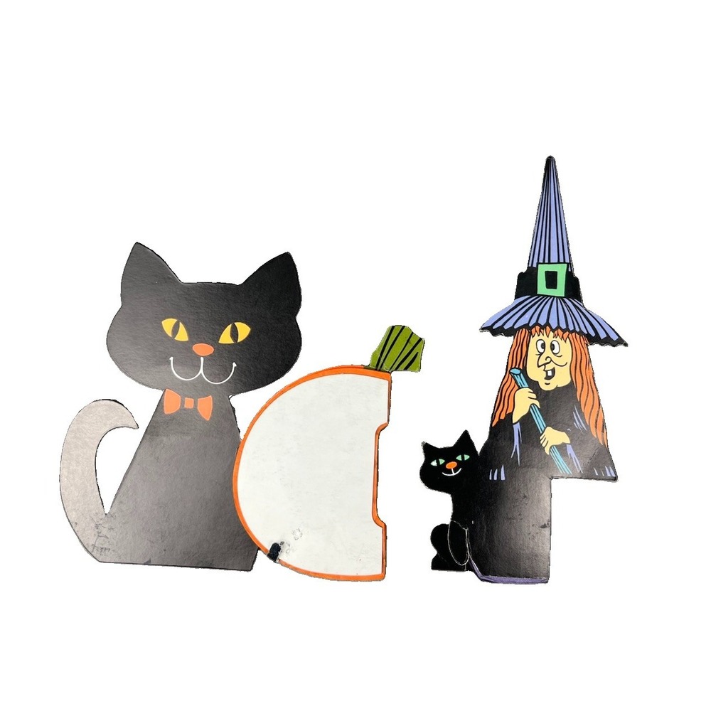 Vintage Cardboard Die Cut Honeycomb Witch Cat Pumpkin Decoration Lot Halloween